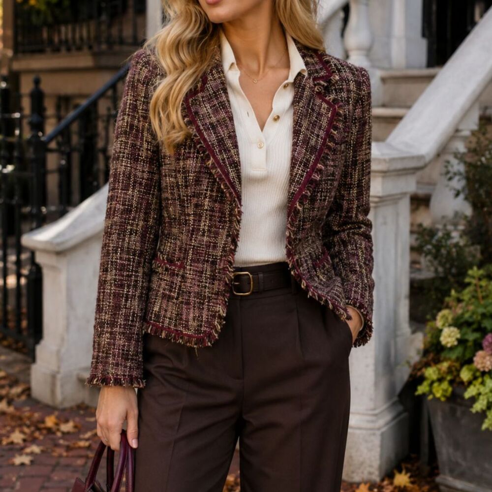 Vintage 1990s Studio 1940 Pink Tweed Blazer M Velvet Trim Fringe Office Siren